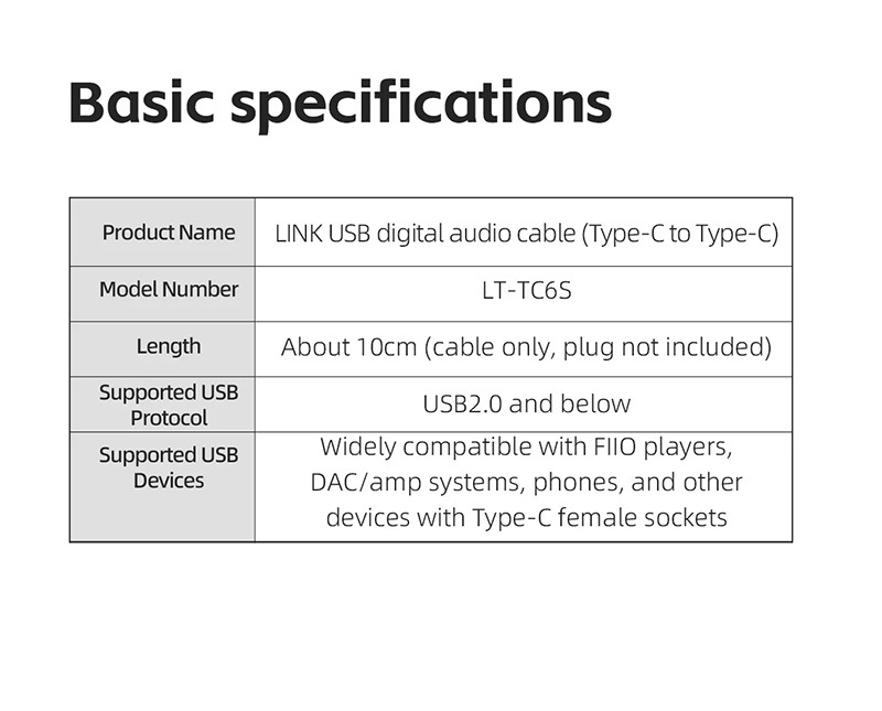 FOR FiiO Link LT-TC6S USB Digital Audio Cable Type-C To Type-C Data Cable