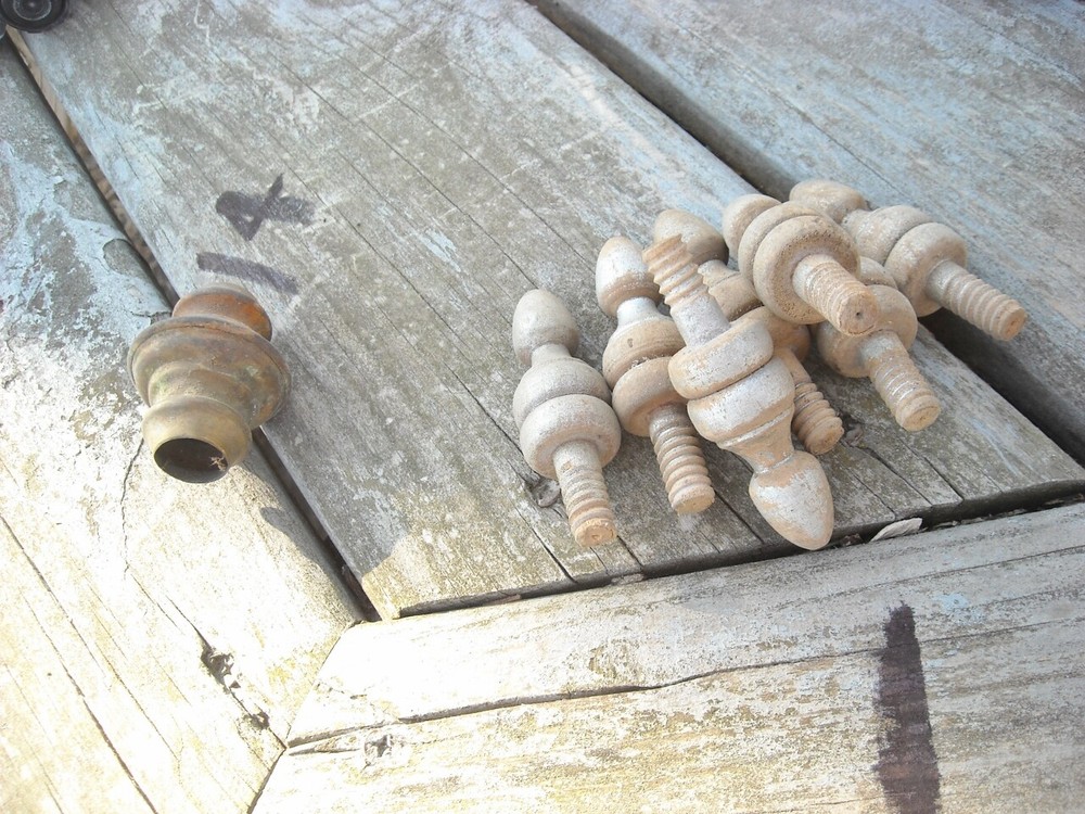 Thirty Five Small Wood & Brass Mostly Finial Type Spindles