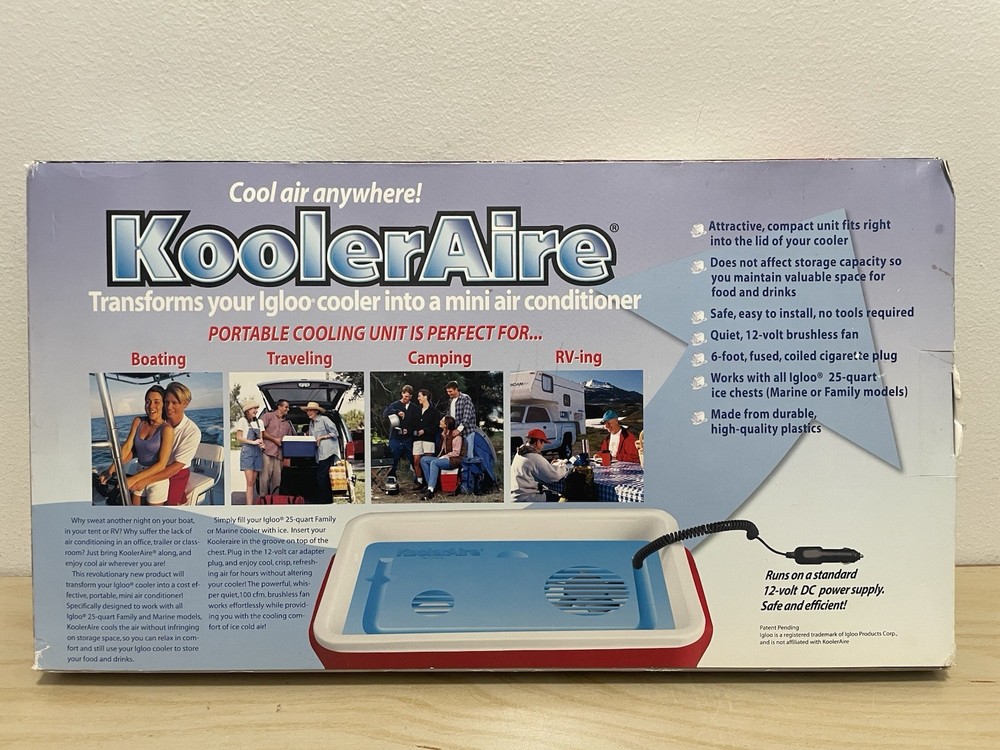 KoolerAire Portable Cooler Air Conditioner, 12 Volt DC Plug, New Open Box