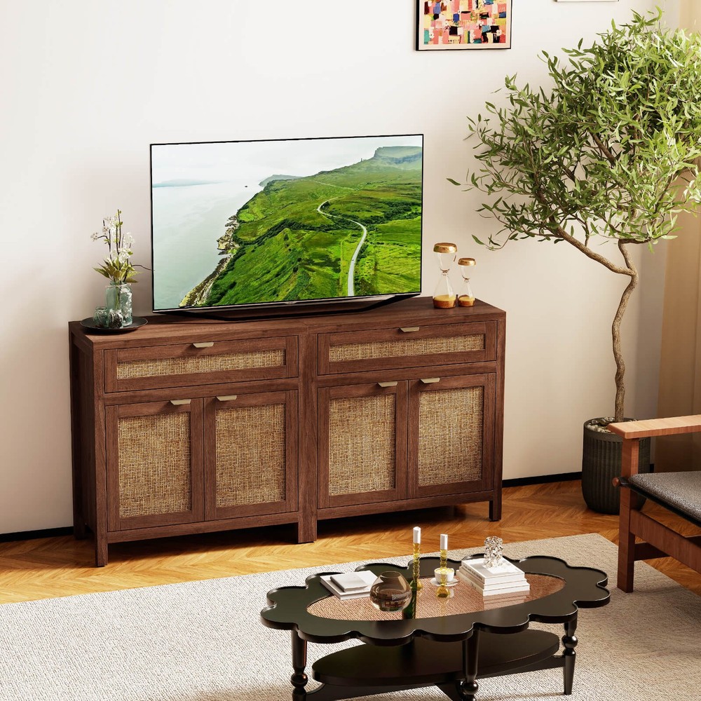 2 PCS Buffet Cabinet Sideboard Storage Cabinet Rattan Doors Adjustable Shelf