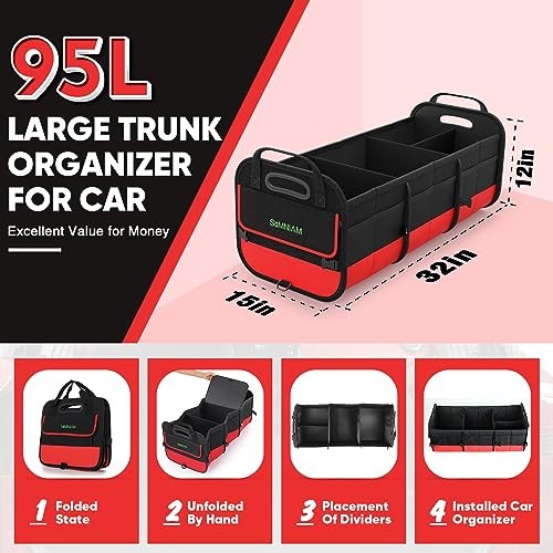Large Trunk Organizer for Car, Collapsible Multi Compartment Car Medium Red