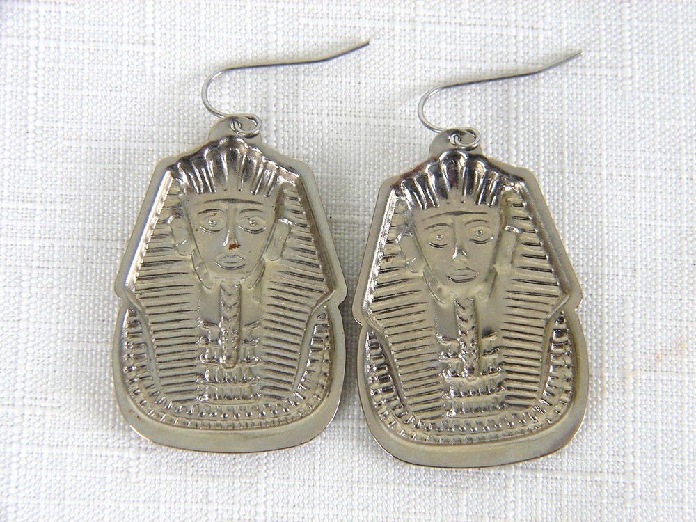 Vintage Silver King Tut Pharaoh Egypt Dangle Earrings Pair
