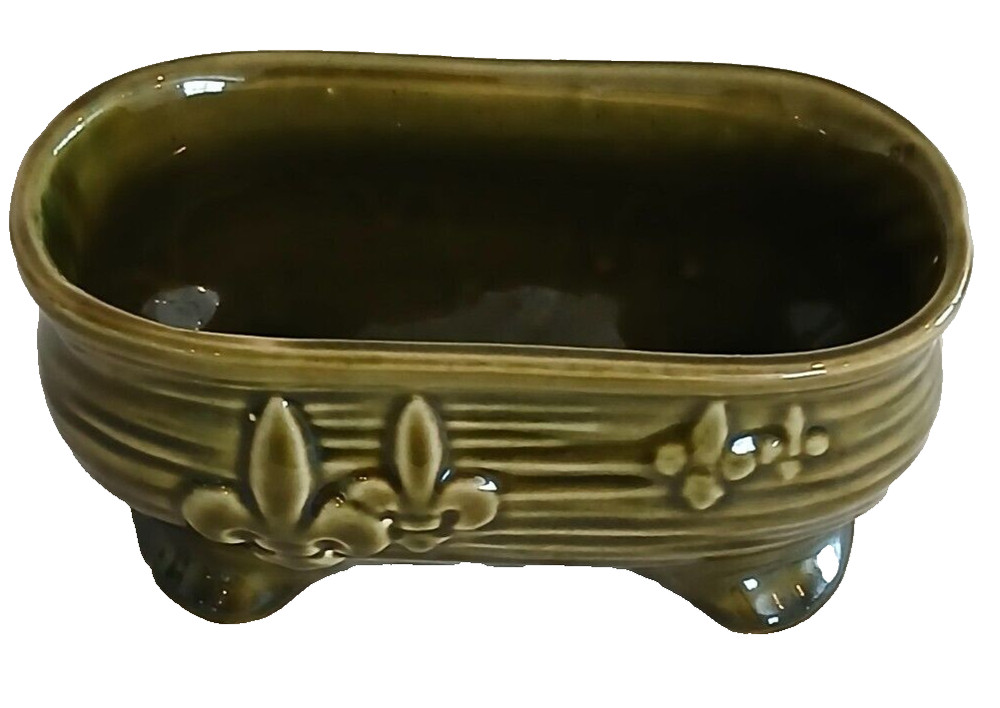Olive Green Footed Oval Shaped Fleur De Lis Ceramic Planter6.6"x3.25"