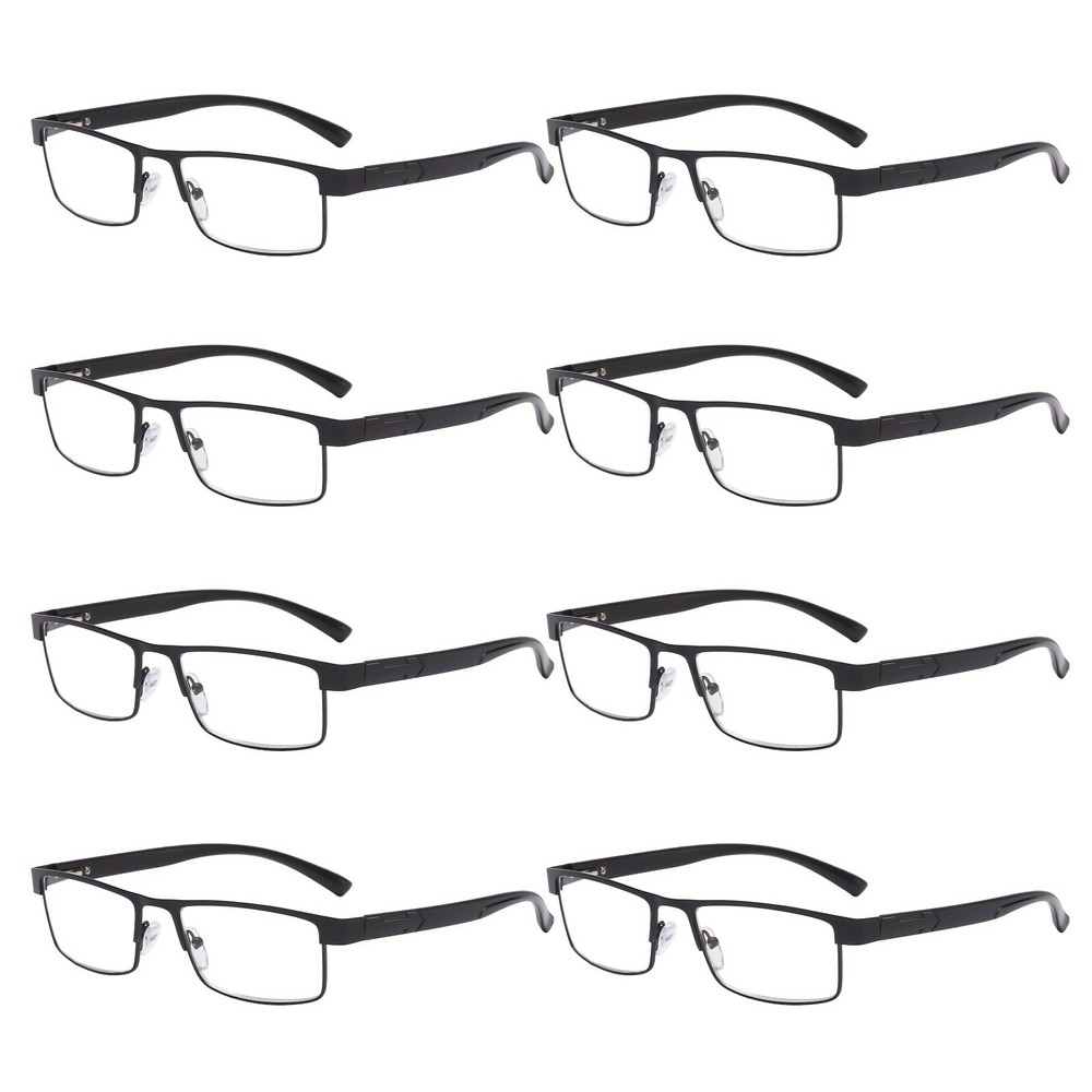 8 Pack Mens Rectangular Metal Frame Classic Reading Glasses Spring Hinge Readers