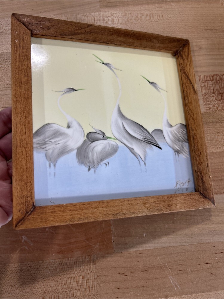 Vintage Art Tile Framed Signed Hand-Painted Cranes