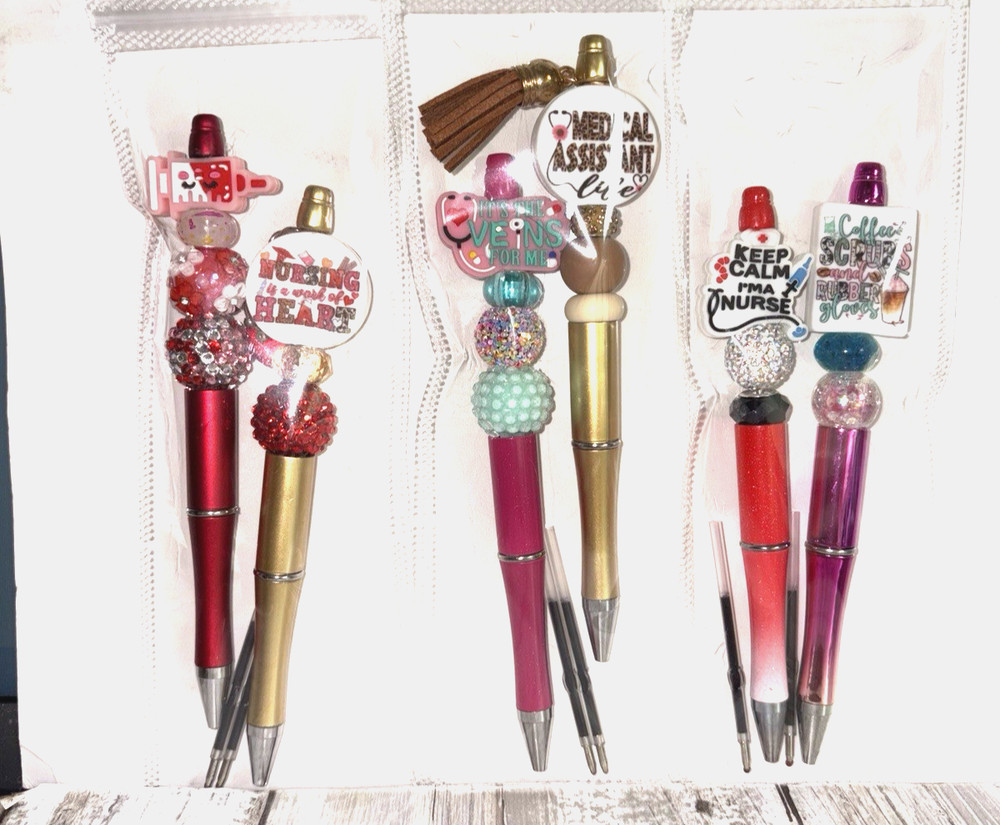 6 miscellaneous beaded pens with 1 ink refill each- nurse theme