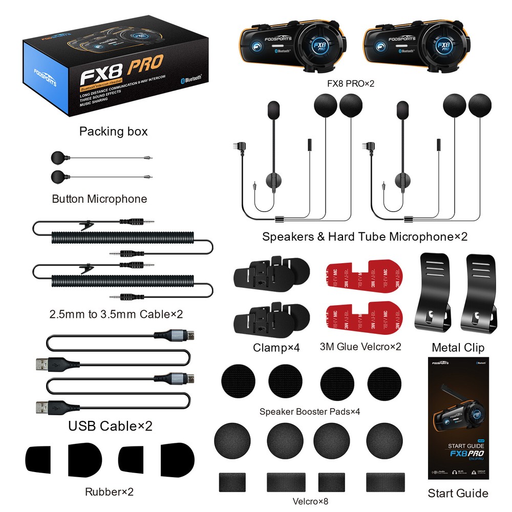 2x FX8 Pro Bluetooth Motorcycle Helmet Intercom Headset 10 Riders Wireless 2000m