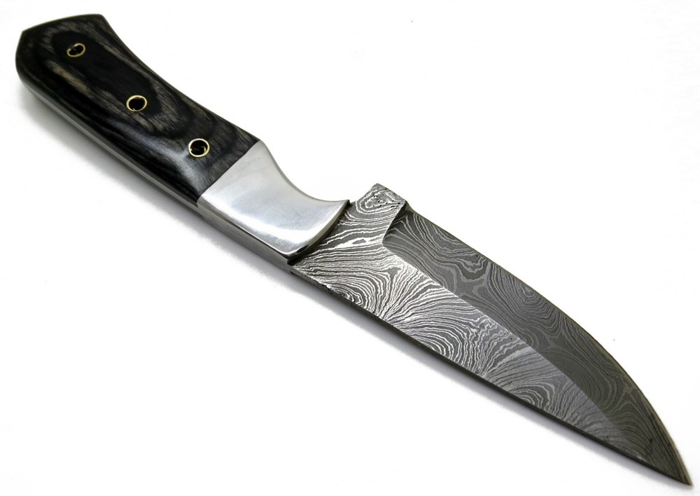 Damascus Knife 9" W/ Leather Pouch Multi Purpose Wood Handle Black/Grey Tools