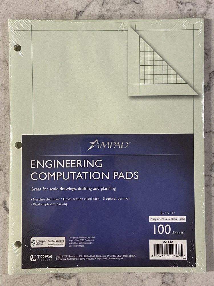 Ampad Engineer Computation Pad GreenTint 5Squares/Inch 100 Sheets  8.1/2" X 11"