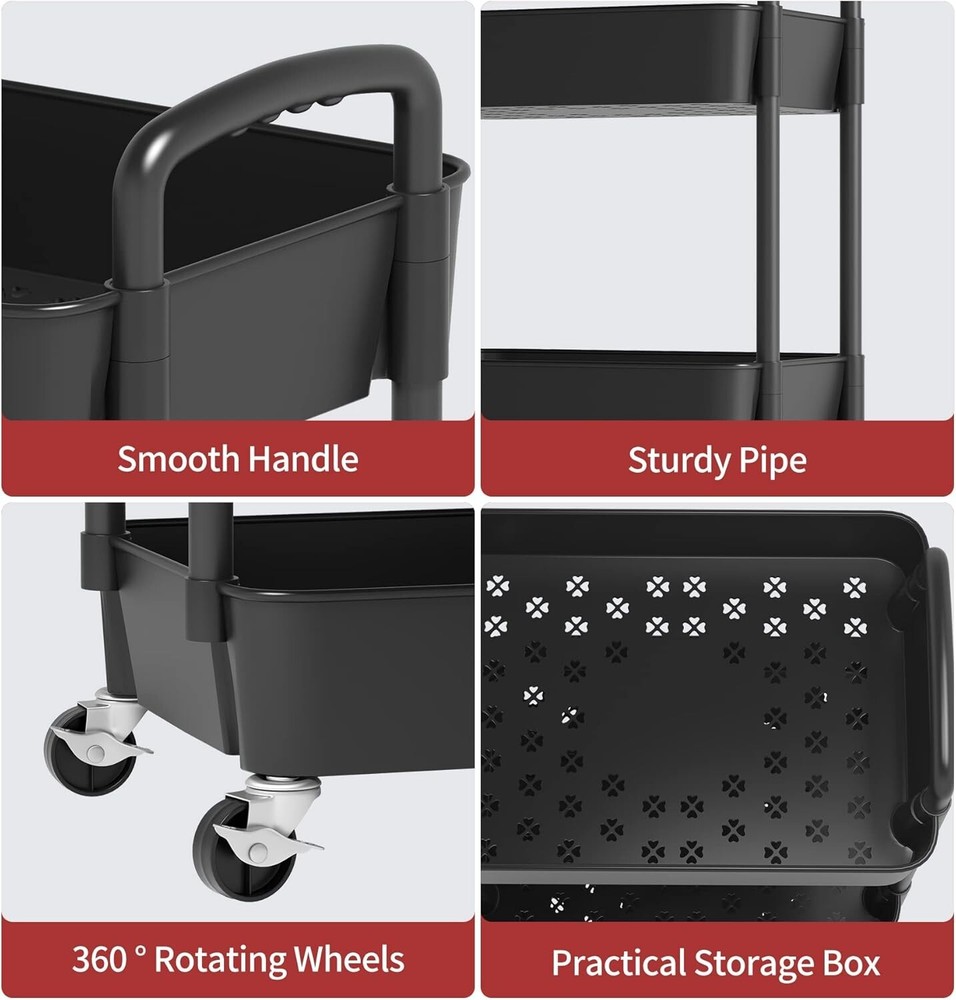 Trolley 3-Tier Rolling Utility Cart: Multi-Functional Storage for Office Kitchen