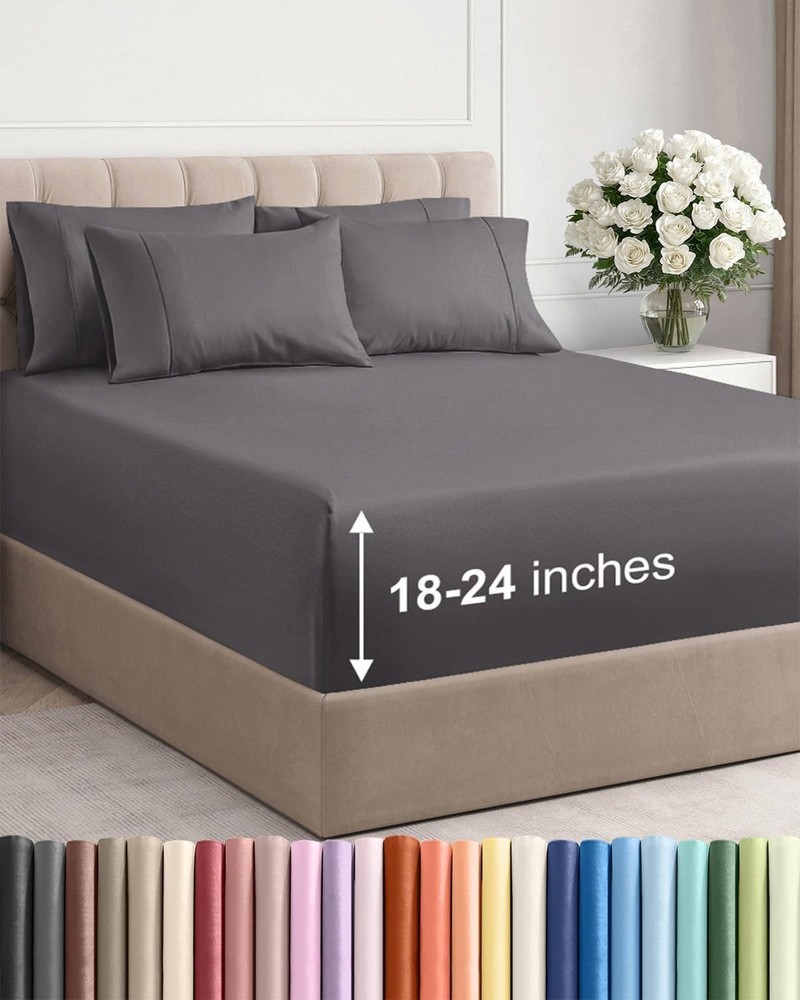 Extra Deep Queen Sheet Set - 6 Piece Luxury Cooling Microfiber Bedding - Grey
