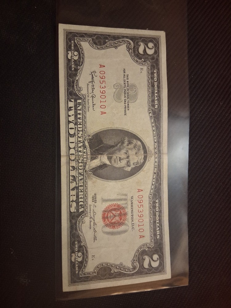 1963 Series Red Seal $2 Bill, Rare Circulated
