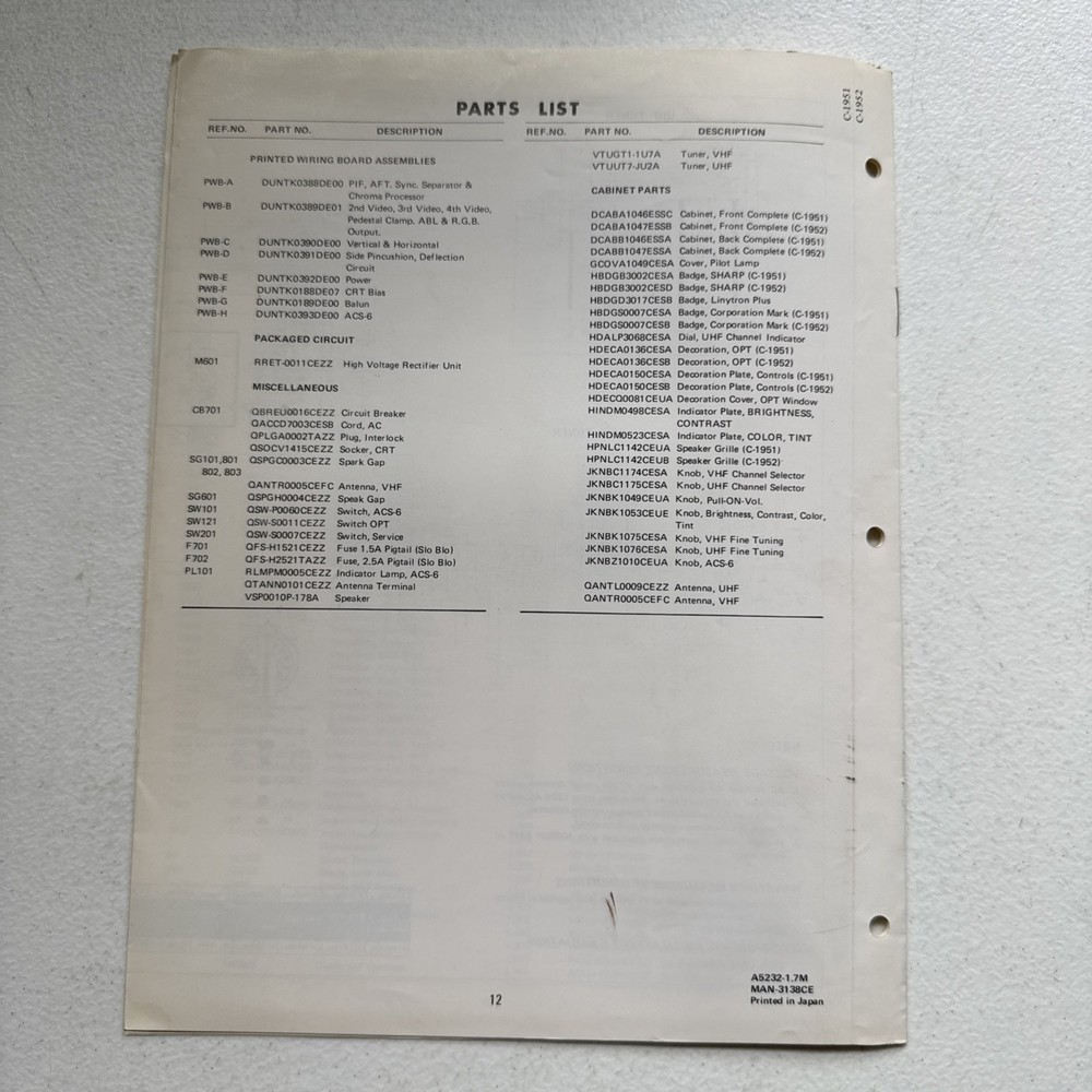 Sharp Electronics Color Television Models C-1951 & C-1952 Service Information