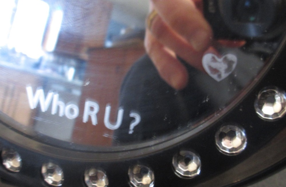 Two-Sided "Who R U?" Makeup Mirror- Black with Bling