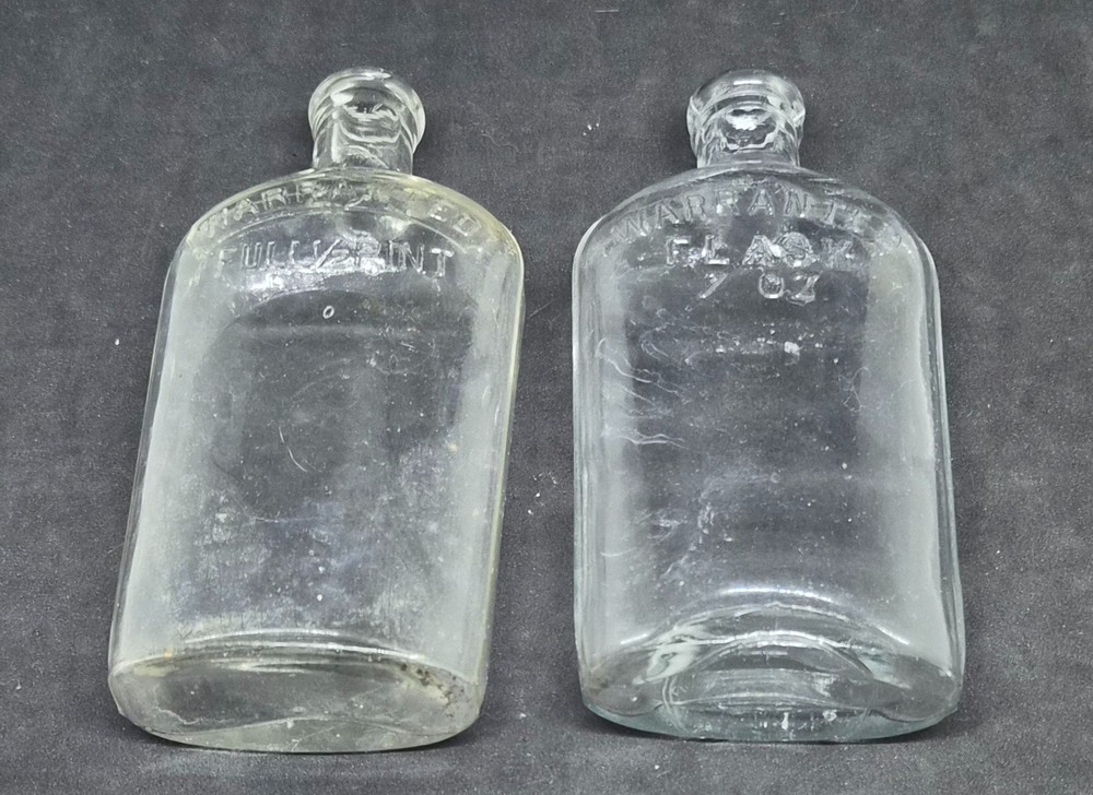 (2) 1880's WARRANTED FLASK HALF PINT STRAP SIDE WHISKEY FLASKS APPLIED TOPS NICE