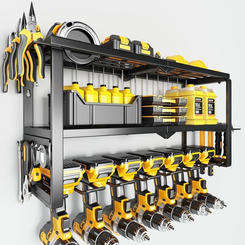 Power Tool Organizer Wall Mount 3 Layers Storage Rack W/ 7 Drill Holders Garage