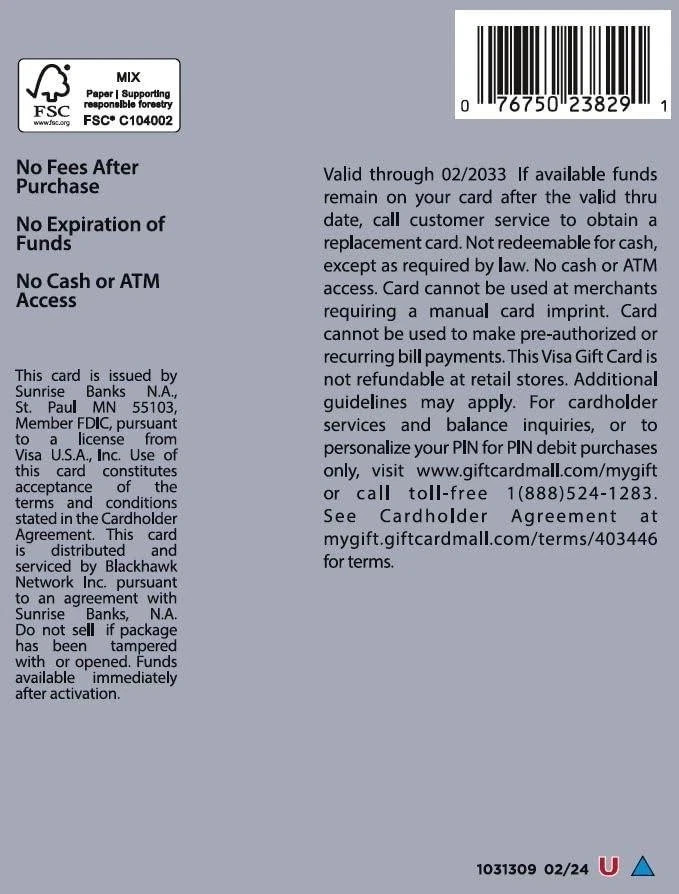 Visa $50 Gift Card (plus $4.95 Purchase Fee)