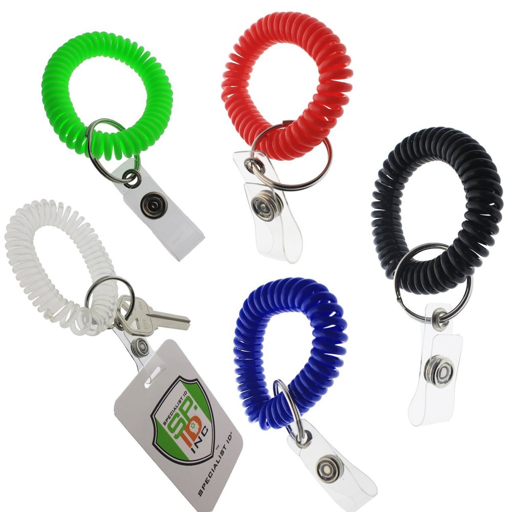 Bulk 25 Pack - Spiral Wrist Coil Key Chain with ID Badge Holder & Split Key Ring
