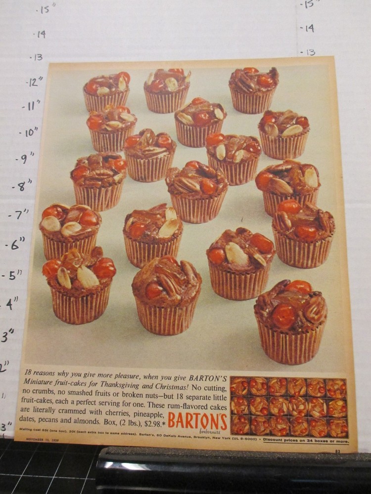 newspaper ad 1959 BARTON'S candy chocolate cherry nut cupcakes fruit cake NYT