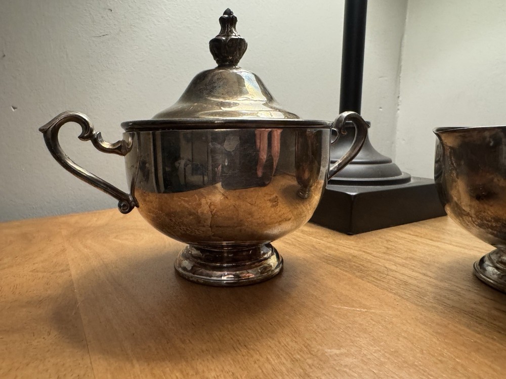 Vintage Silverplate Sugar Bowl & Creamer Set Footed Classic Scroll Handles