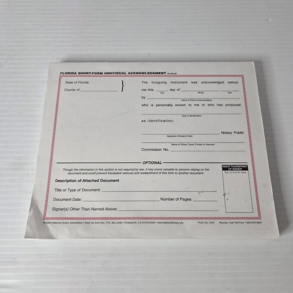 Florida Individual Acknowledgment About 100 Sheets Short Form Pad