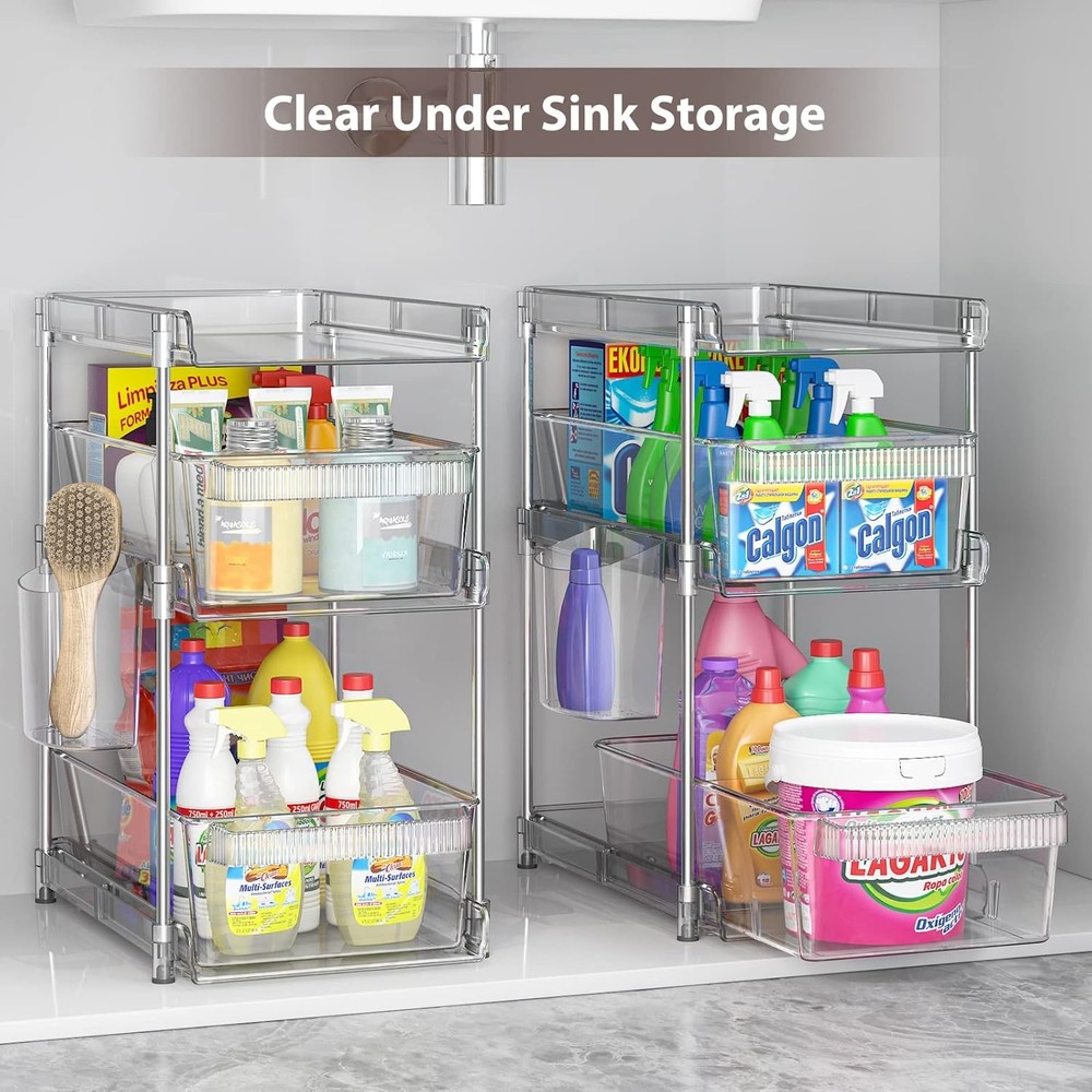 Clear Bathroom Organizers 2 Sets 3 Tier, Pull Out 2 PACK, Transparennt