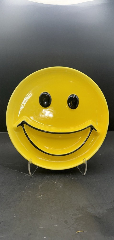 Hand Painted Yellow Smiley Face Round Serving Tray Chip & Dip 12”