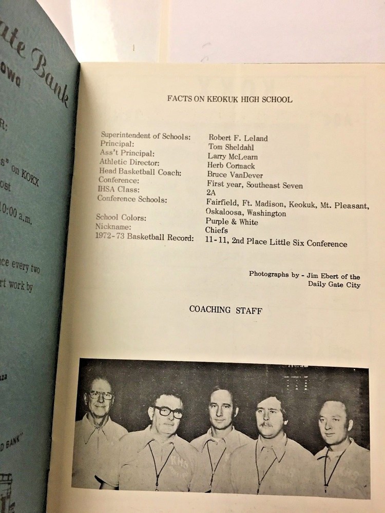 KEOKUK HIGH SCHOOL BASKETBALL PROGRAM 1973-4