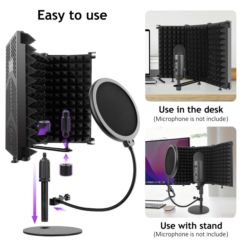 Rigych Microphone Isolation Shield, 3 Panels Sound Proof Mic Shield with Mic ...