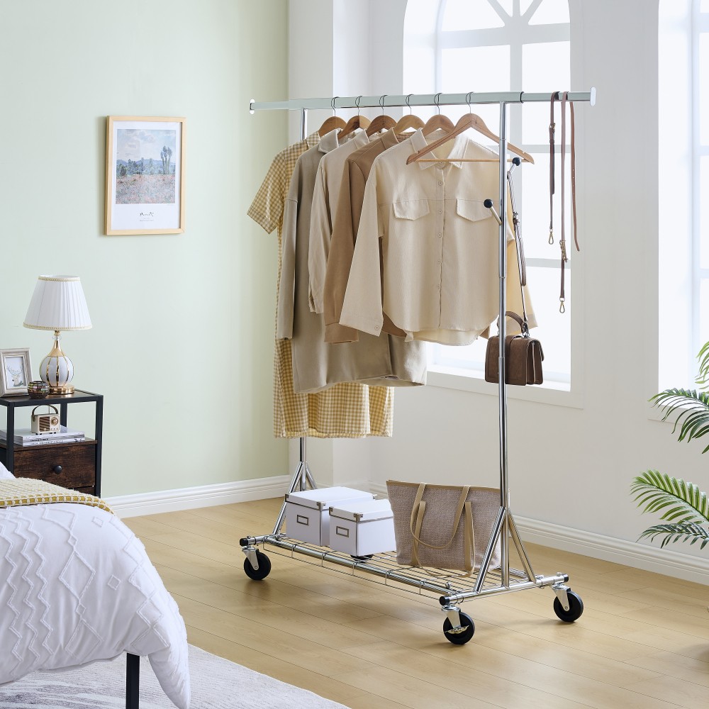 Silver Iron Heavy Duty Clothes Rack 600LBS Capacity Adjustable Rolling Garment