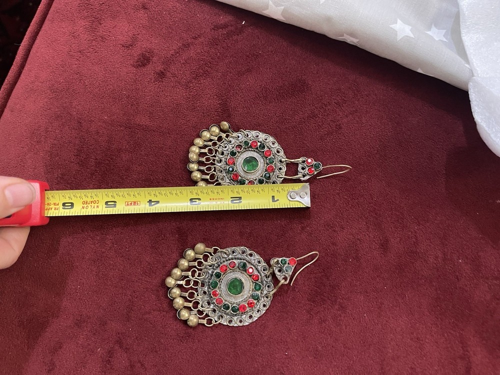 Ethnic Earrings with Bells Red Green/multi Round