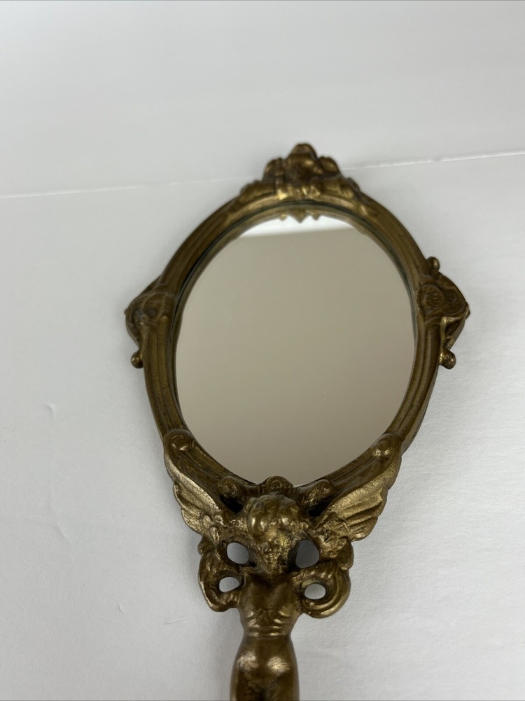 Antique Victorian Solid Brass Handheld Mirror With Cherubs