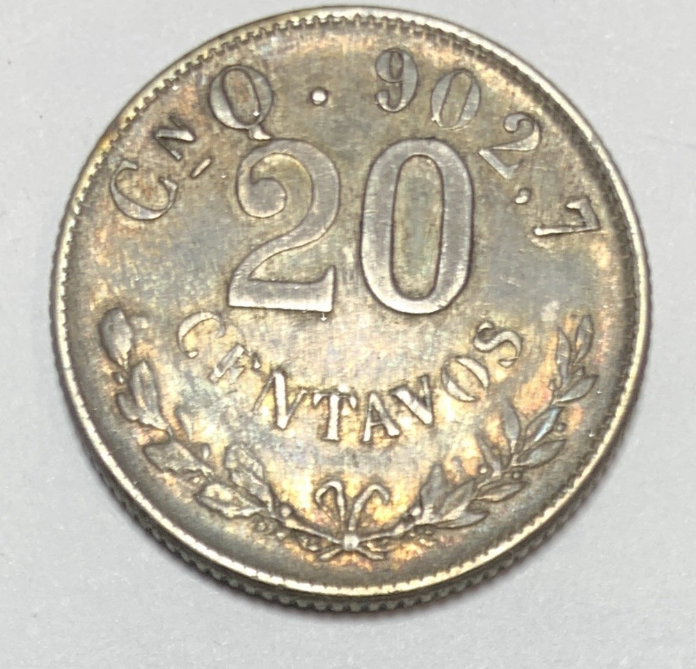 1901-Cn Q Mexico 20 Centavos Second Republic Silver Clean Fields Luster