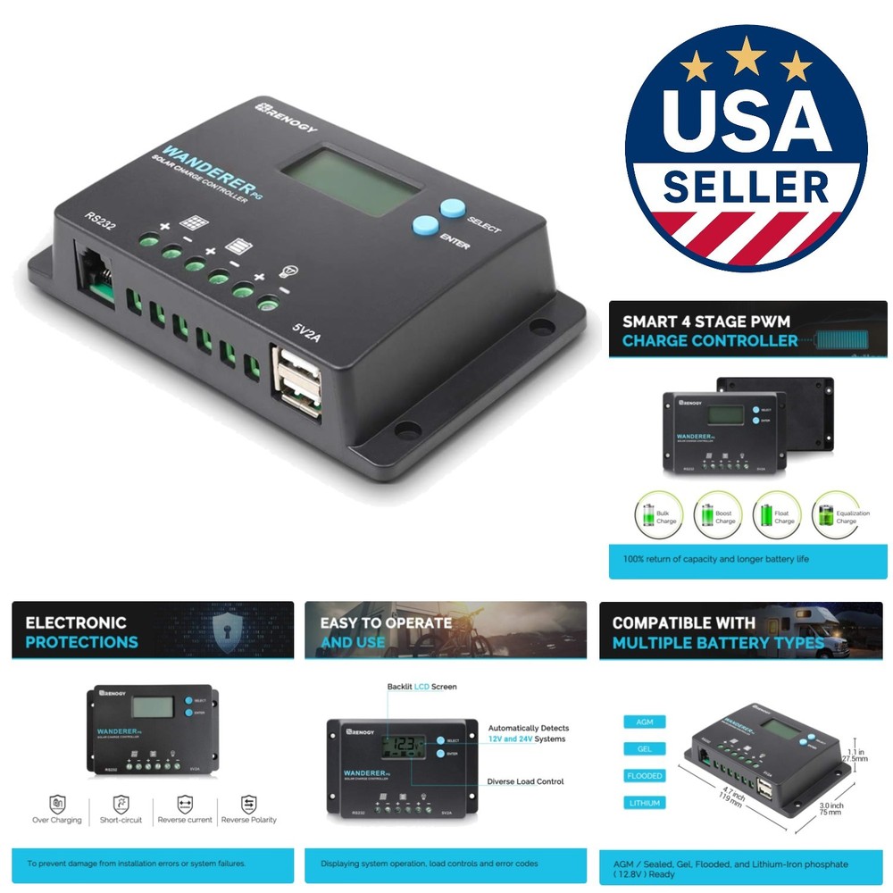 Wanderer 10A Positive Ground Solar Charge Controller - Affordable & Feature-Rich