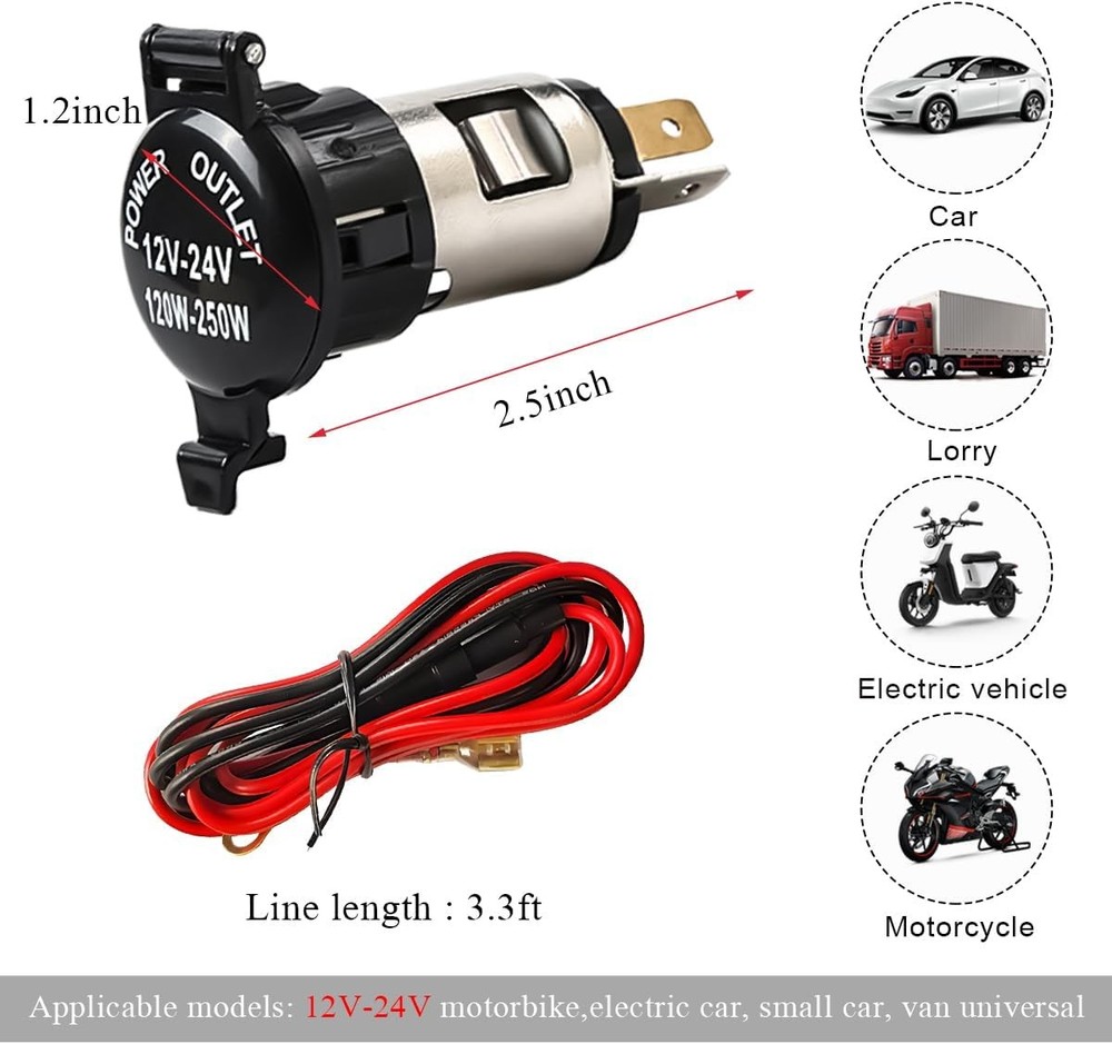 Car Cigarette Lighter Socket, DC 12V Waterproof Cigarette Lighter Power Adapter