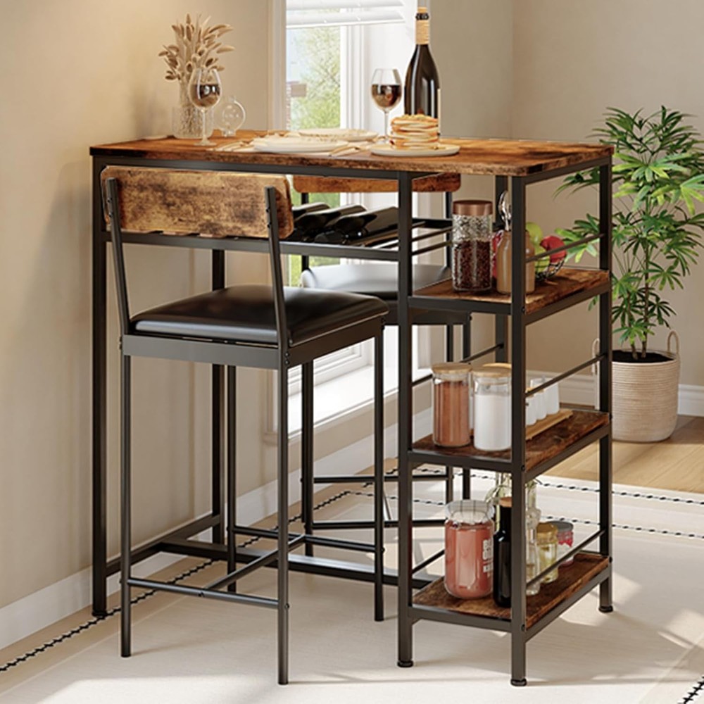 3PCS Dining Table Set w/ 2 Upholstered Bar Stool Wine Rack Kitchen Dining Room
