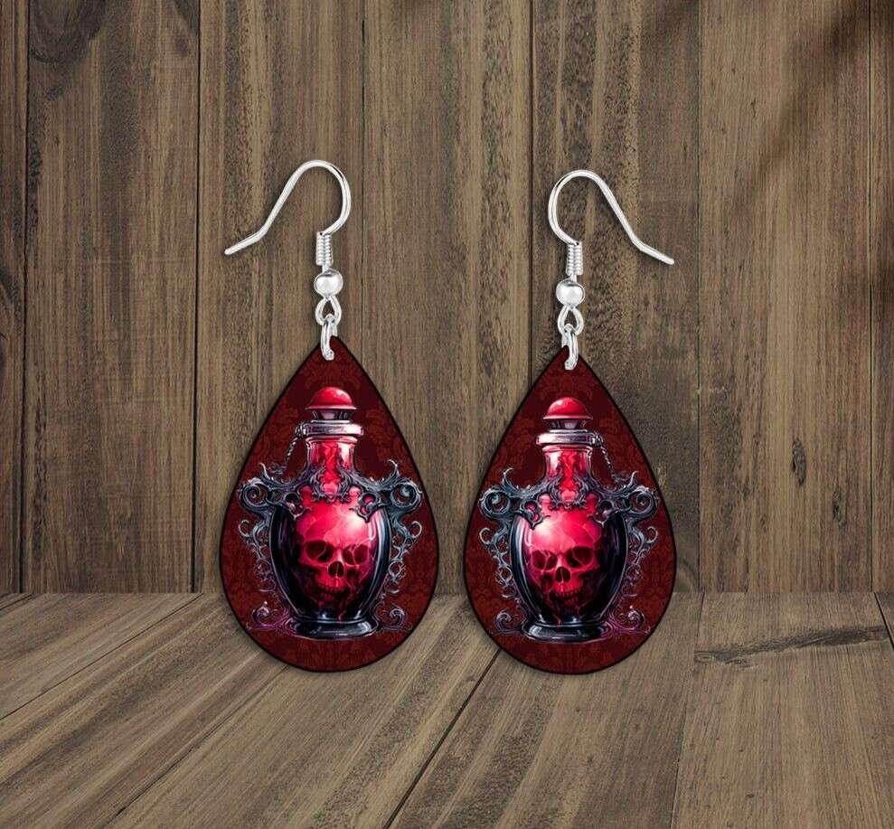 Red Poison Skull Teardrop Earrings