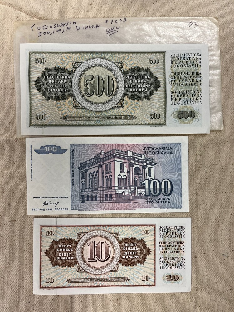 Yugoslavia 10, 100, & 500 Dinara Notes Uncirculated #3