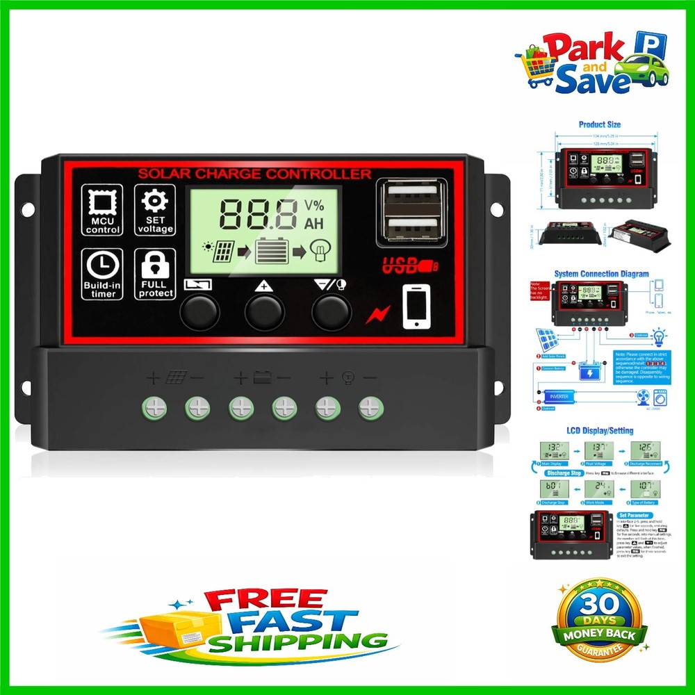 30A PWM Solar Charge Controller with Dual USB & LCD Display - Efficient Energ...