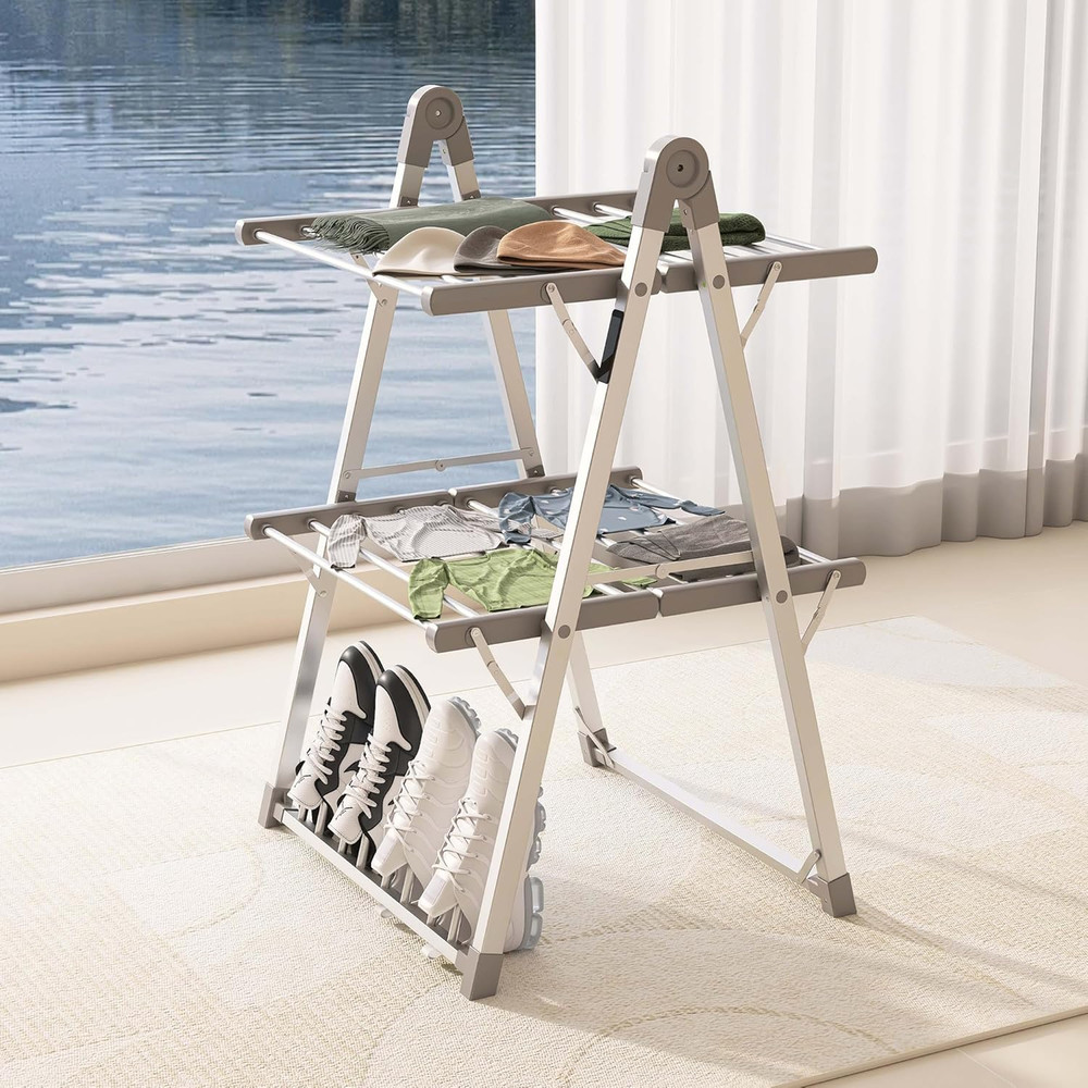 Foldable Electric Heated Clothes Drying Rack with Timer - Silver Gray