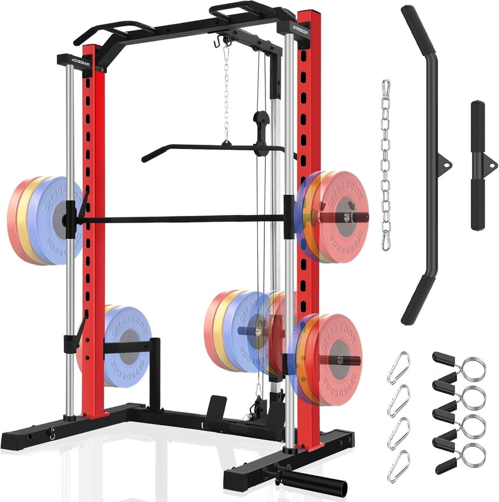 Smith Machine Squat Rack All-in-One Power Rack Cage with LAT-Pull Down System US