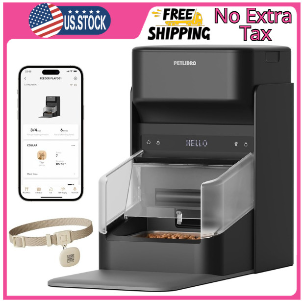 PET.LIBRO RFID Automatic WIFI App Controlled Pet Feeder, 3L, Black, Adjustable