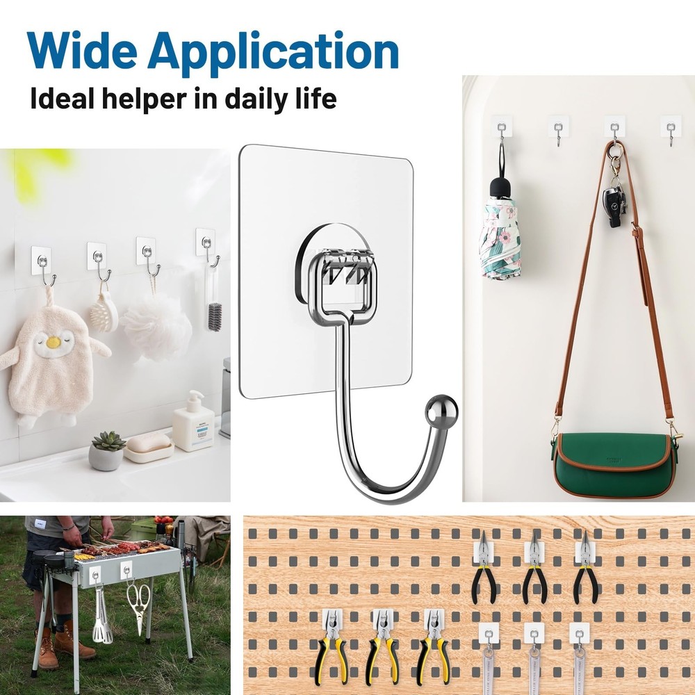 Adhesive Hooks Heavy Duty 44lb(max), Rustproof Adhesive Hooks for Hanging Bag...