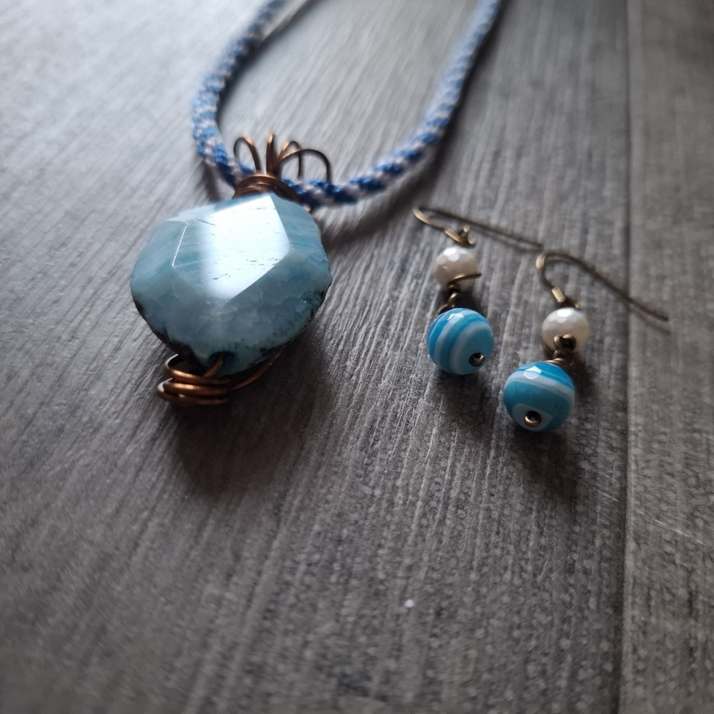 Statement Wire Wrapped Boho Blue Stone Style Necklace And Earrings Set Boho