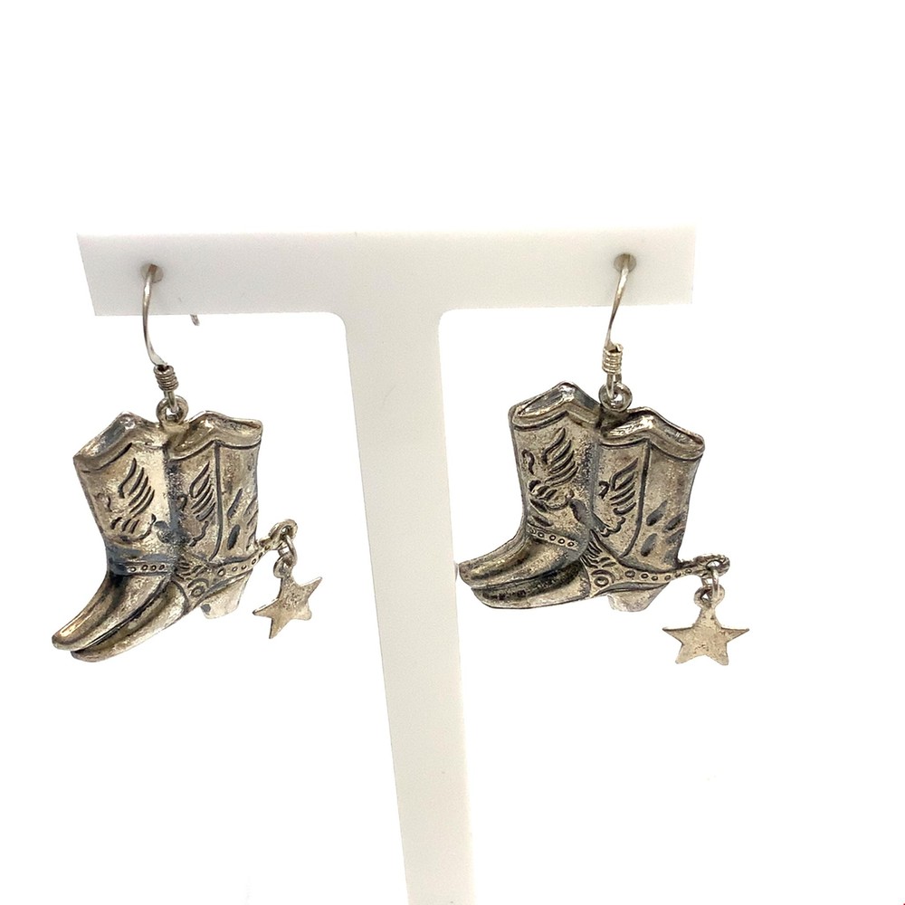 Vintage Signed Sterling CW Handmade Cowboy Boots Dangle Hook Earrings