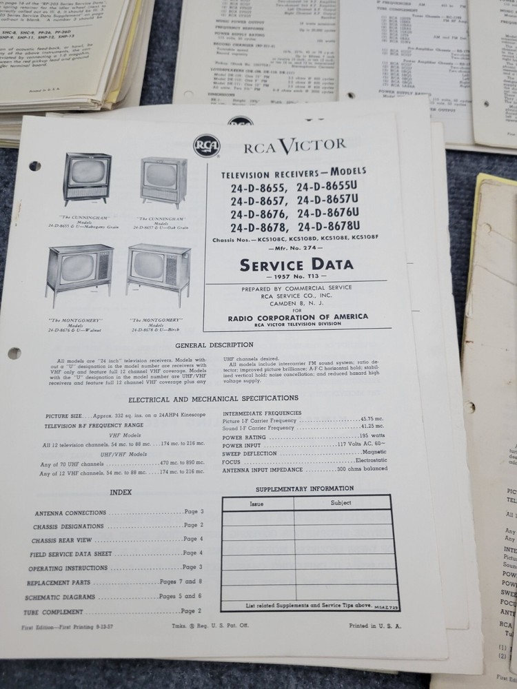 Vintage RCA Service Repair Technical Data Sheets Lot