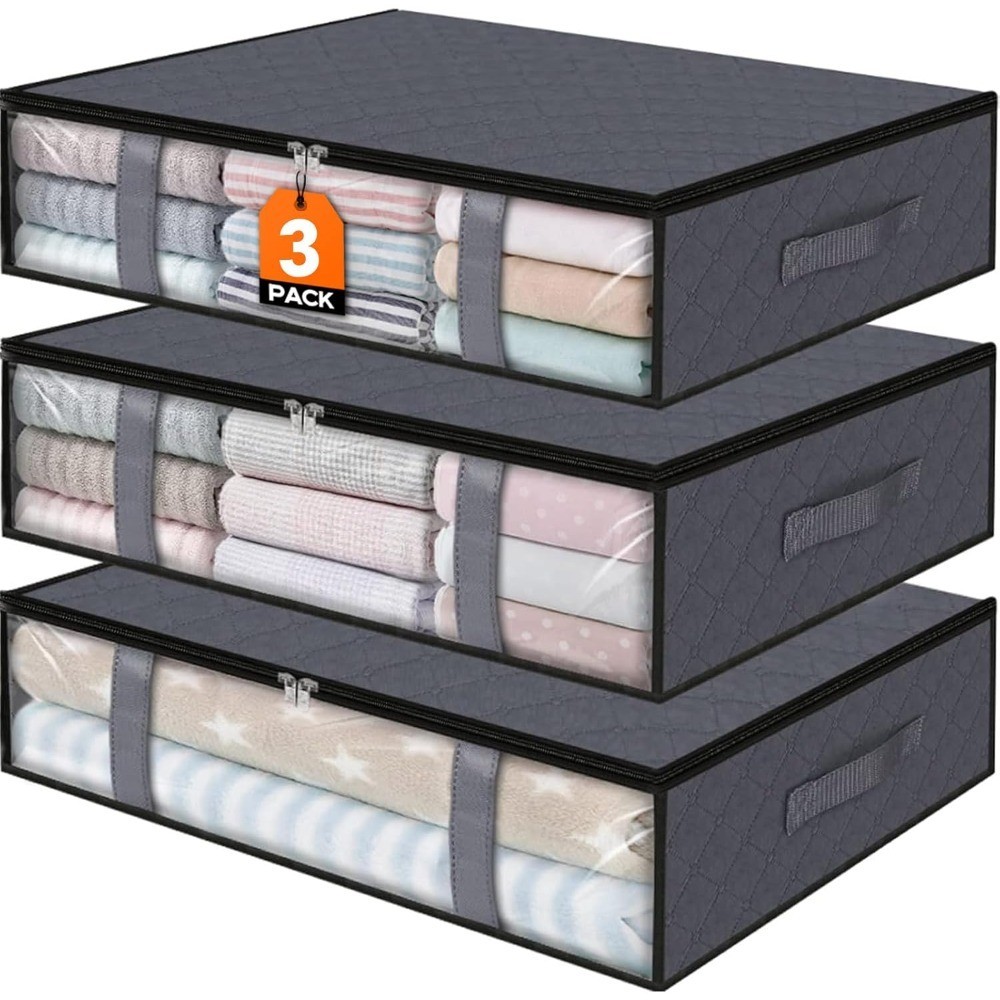Foldable Under Bed Storage Bags 3-Pack 40L with Clear Window Grey Breathable