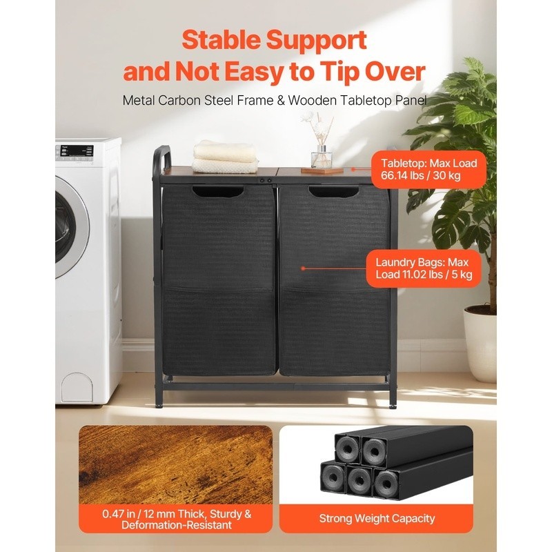 Versatile Laundry Sorter Organizer W/ Sturdy Frame Pull-Out Bags Adjustable Feet