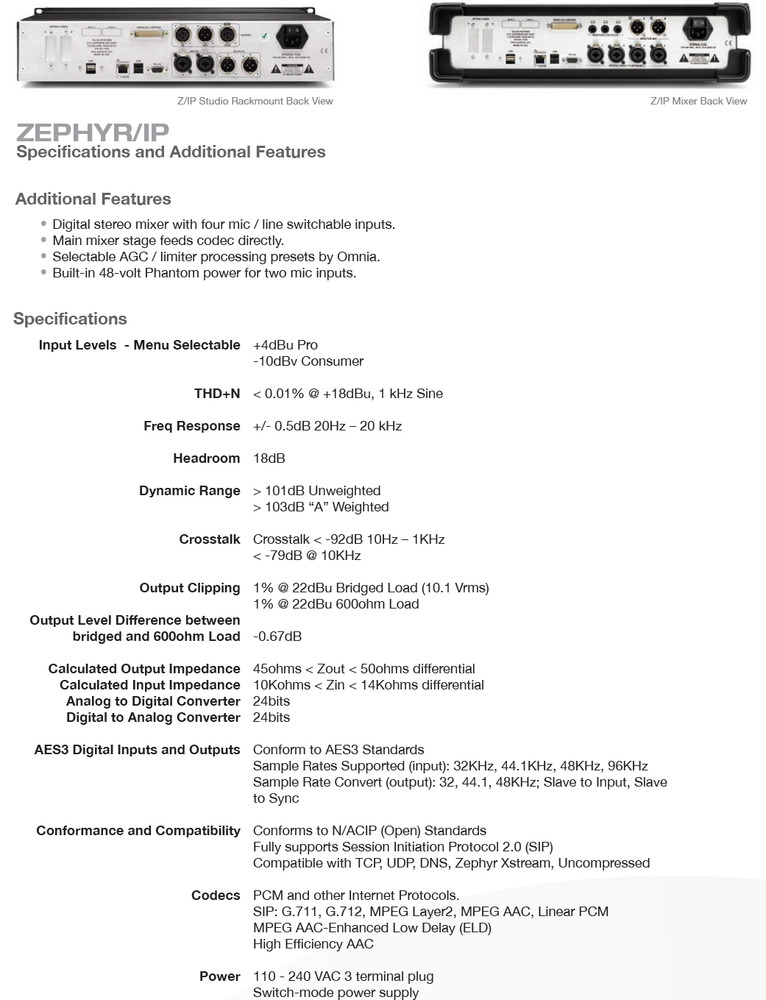 Telos Zephyr IP Audio Over IP AAC Codec Internet AES AoIP Transmission Endpoint