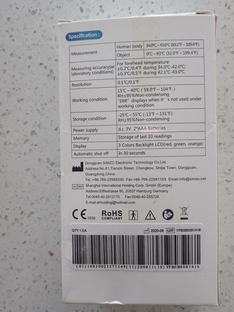 SIMZO Non-Contact Forehead Thermometer...C Reading LCD Display.New